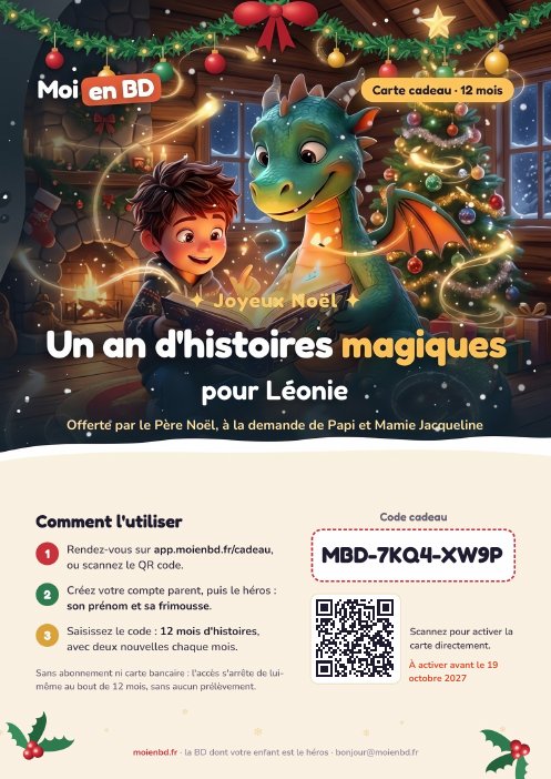Aperçu de la carte cadeau : un garçon lit un livre lumineux avec un dragon, avec le titre « Un an d'histoires magiques », le prénom de l'enfant et le code à saisir